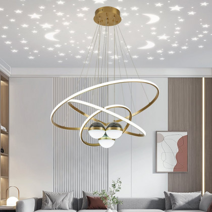 HMR - Modern Gold 3-Light LED Chandelier 3 Color Modes Remote Control Starry Reflection Light