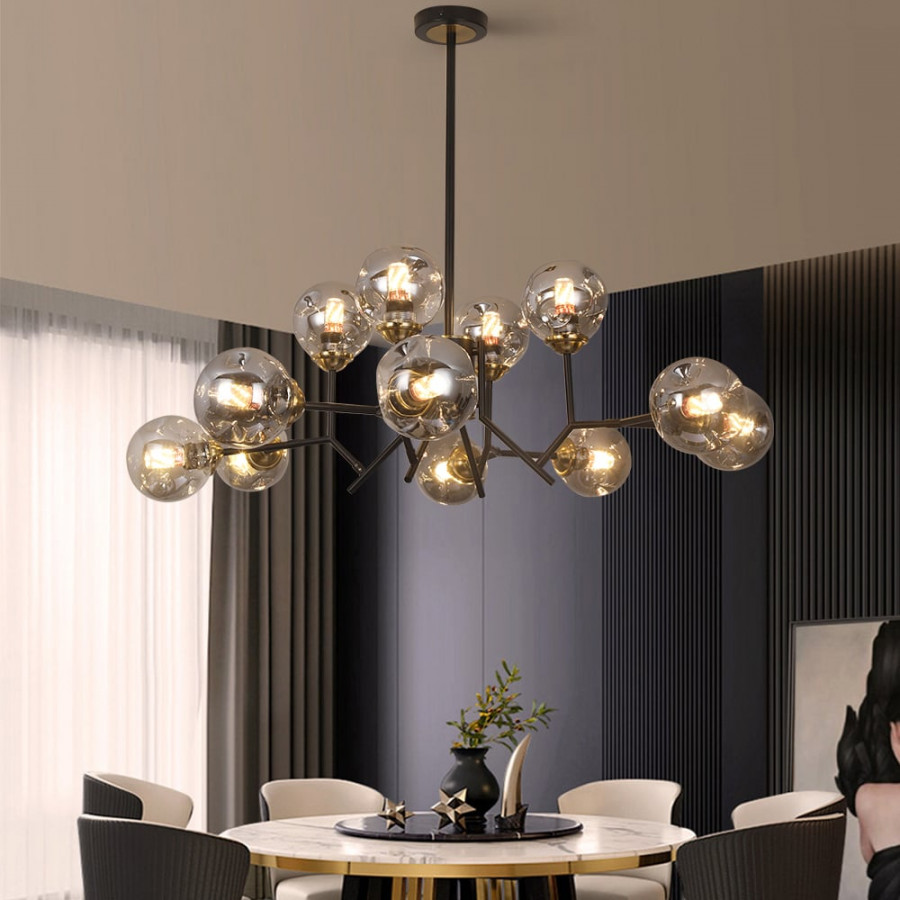 HMR - 12 Light Black Chandelier with Globe Glass Shade Modern Pendant Light for Living Room