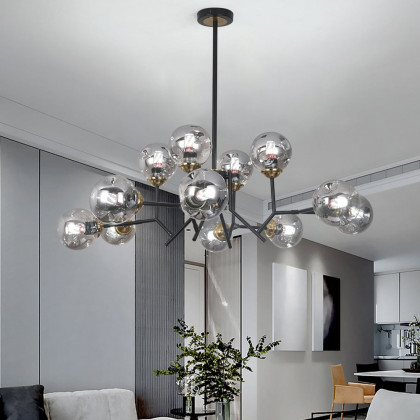HMR - 12 Light Black Chandelier with Globe Glass Shade Modern Pendant Light for Living Room