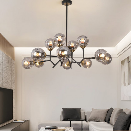 HMR - 12 Light Black Chandelier with Globe Glass Shade Modern Pendant Light for Living Room