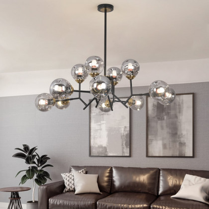 HMR - 12 Light Black Chandelier with Globe Glass Shade Modern Pendant Light for Living Room