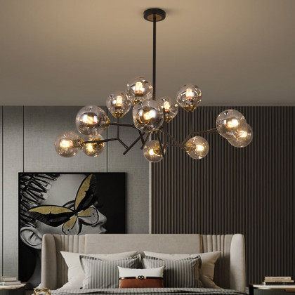 HMR - 12 Light Black Chandelier with Globe Glass Shade Modern Pendant Light for Living Room