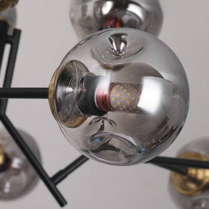 HMR - 12 Light Black Chandelier with Globe Glass Shade Modern Pendant Light for Living Room