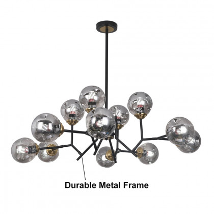HMR - 12 Light Black Chandelier with Globe Glass Shade Modern Pendant Light for Living Room