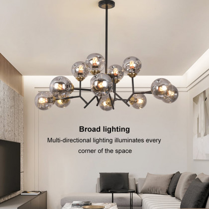 HMR - 12 Light Black Chandelier with Globe Glass Shade Modern Pendant Light for Living Room