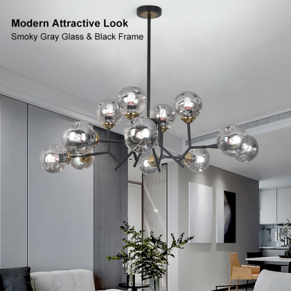 HMR - 12 Light Black Chandelier with Globe Glass Shade Modern Pendant Light for Living Room