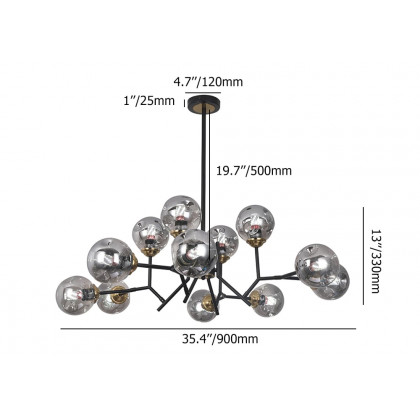 HMR - 12 Light Black Chandelier with Globe Glass Shade Modern Pendant Light for Living Room