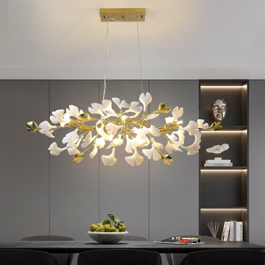 HMR - Martly 6-Light Art Deco Ginkgo Leaves Chandelier White & Gold Metal Ceiling Light