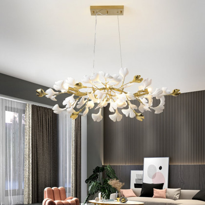 HMR - Martly 6-Light Art Deco Ginkgo Leaves Chandelier White & Gold Metal Ceiling Light
