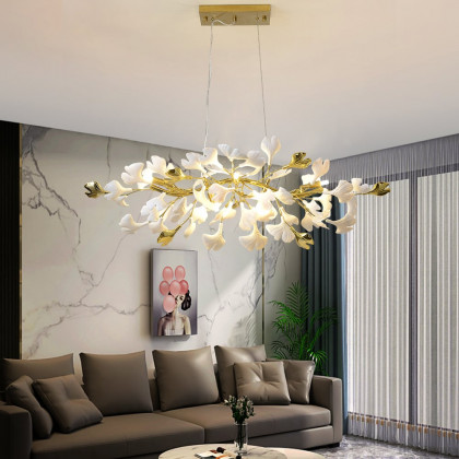 HMR - Martly 6-Light Art Deco Ginkgo Leaves Chandelier White & Gold Metal Ceiling Light
