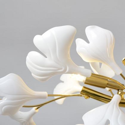HMR - Martly 6-Light Art Deco Ginkgo Leaves Chandelier White & Gold Metal Ceiling Light