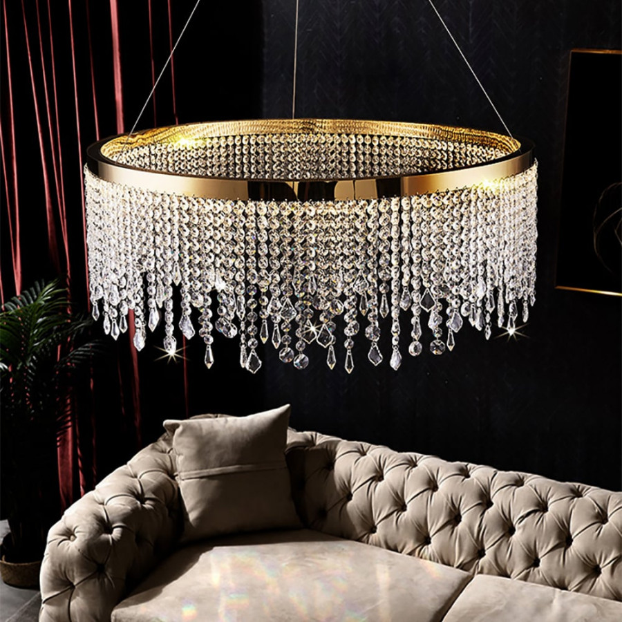 HMR - Luxurious Romantic K9 Crystal Gold Ring Chandelier LED Dimmable Ceiling Lighting