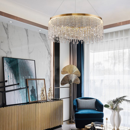 HMR - Luxurious Romantic K9 Crystal Gold Ring Chandelier LED Dimmable Ceiling Lighting