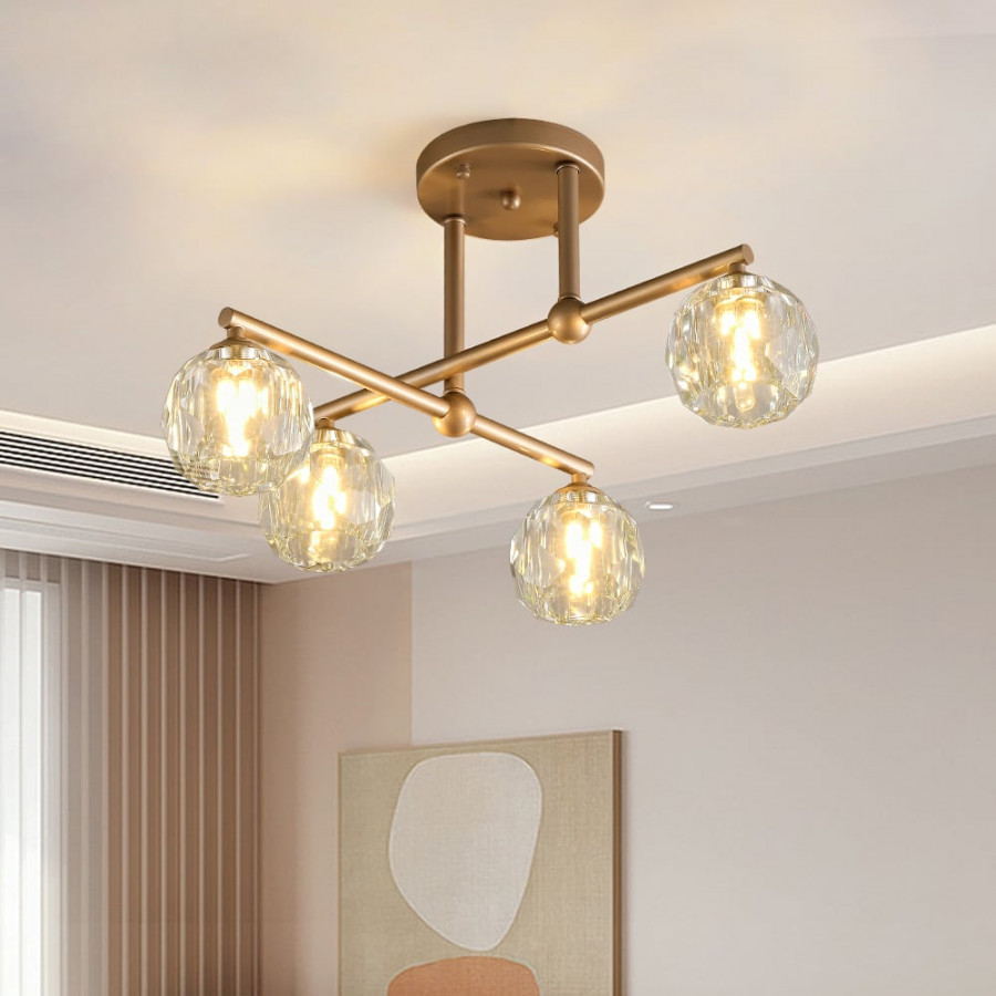 HMR - Gold 4-Light Crystal Shade Modern Semi-Flush Mount Chandelier Ceiling Light