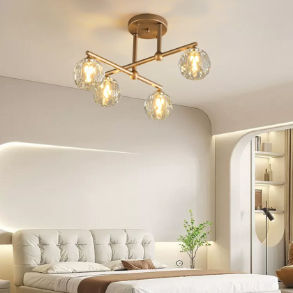 HMR - Gold 4-Light Crystal Shade Modern Semi-Flush Mount Chandelier Ceiling Light