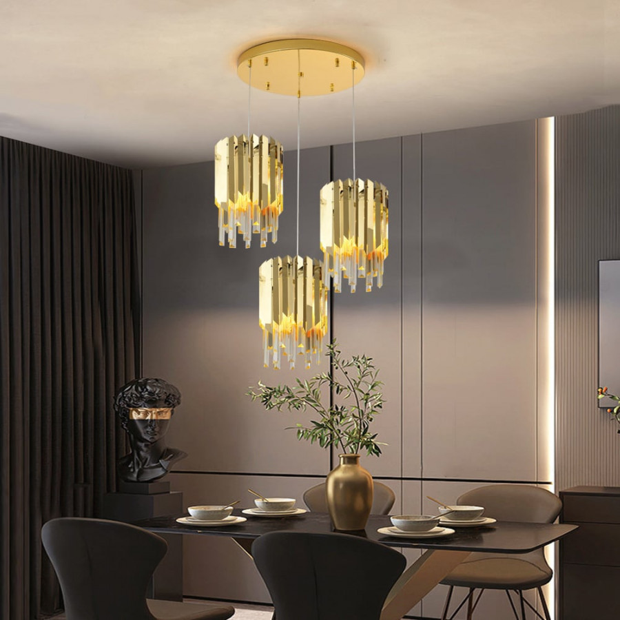 HMR - 3-Light Crystal Modern Chandelier Ceiling Pendant Light in Gold for Living Room