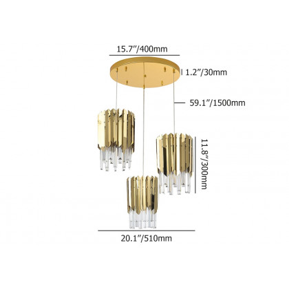 HMR - 3-Light Crystal Modern Chandelier Ceiling Pendant Light in Gold for Living Room