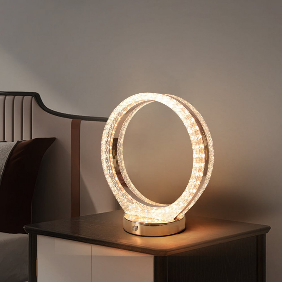 HMR - Circle Crystal Table Lamp Cordless Desk Lamp in Rose Gold with Built-in LED Dimmable