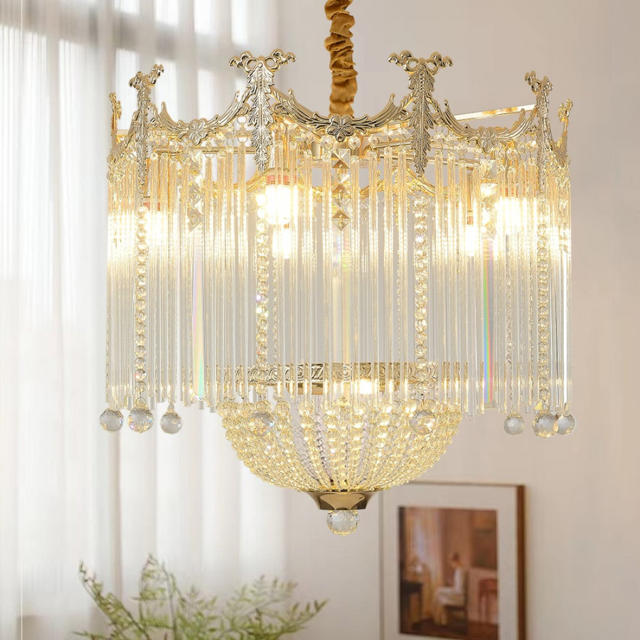 HMR - Glam 7-Light Crystal Tiered Beaded Chandelier Pendant Light in Gold for Living Room