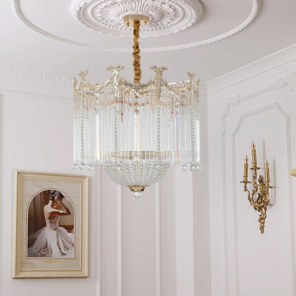 HMR - Glam 7-Light Crystal Tiered Beaded Chandelier Pendant Light in Gold for Living Room