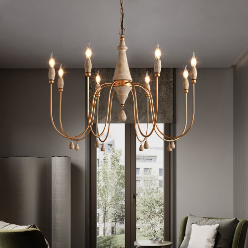 HMR - Mid Century Modern Farmhouse 8-Light Candle-Style Chandelier Wood Pendant Light in Gold
