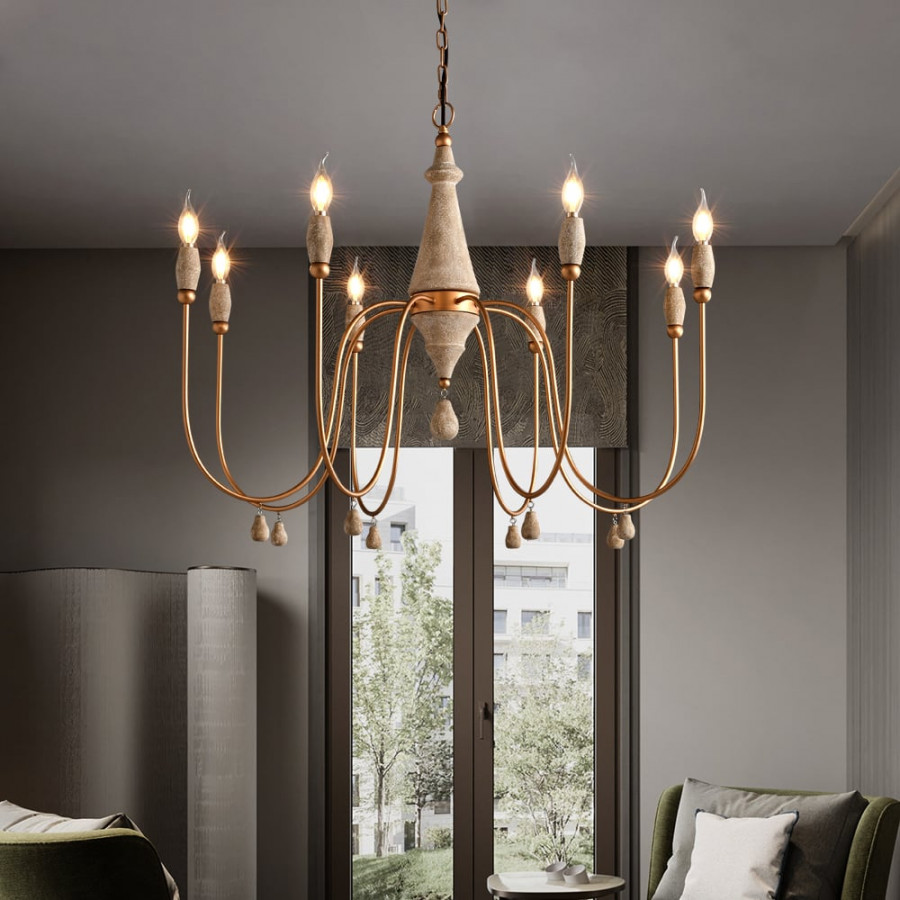 HMR - Mid Century Modern Farmhouse 8-Light Candle-Style Chandelier Wood Pendant Light in Gold