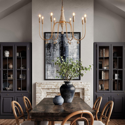 HMR - Mid Century Modern Farmhouse 8-Light Candle-Style Chandelier Wood Pendant Light in Gold