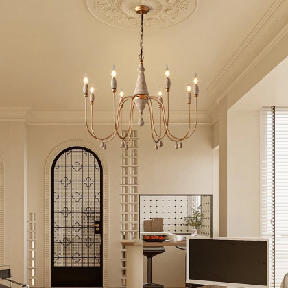 HMR - Mid Century Modern Farmhouse 8-Light Candle-Style Chandelier Wood Pendant Light in Gold