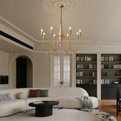 HMR - Mid Century Modern Farmhouse 8-Light Candle-Style Chandelier Wood Pendant Light in Gold