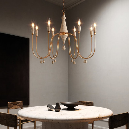 HMR - Mid Century Modern Farmhouse 8-Light Candle-Style Chandelier Wood Pendant Light in Gold