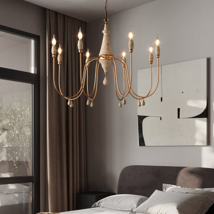 HMR - Mid Century Modern Farmhouse 8-Light Candle-Style Chandelier Wood Pendant Light in Gold