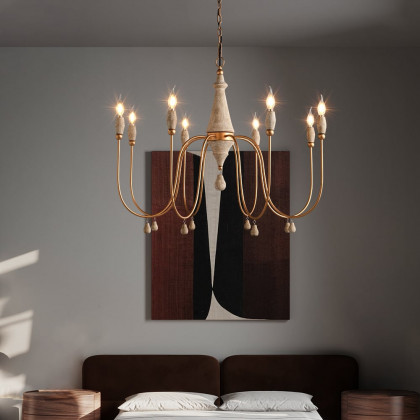 HMR - Mid Century Modern Farmhouse 8-Light Candle-Style Chandelier Wood Pendant Light in Gold