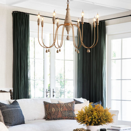 HMR - Mid Century Modern Farmhouse 8-Light Candle-Style Chandelier Wood Pendant Light in Gold