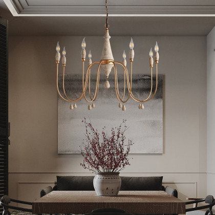 HMR - Mid Century Modern Farmhouse 8-Light Candle-Style Chandelier Wood Pendant Light in Gold
