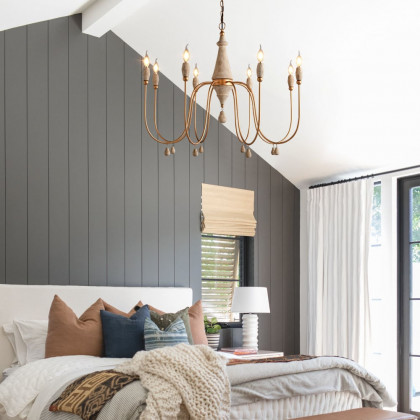 HMR - Mid Century Modern Farmhouse 8-Light Candle-Style Chandelier Wood Pendant Light in Gold