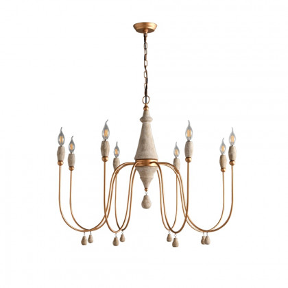 HMR - Mid Century Modern Farmhouse 8-Light Candle-Style Chandelier Wood Pendant Light in Gold