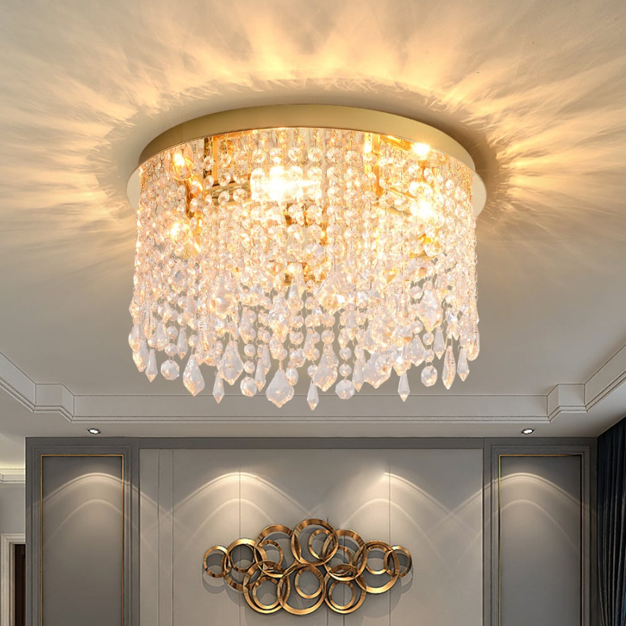 HMR - Glam Crystal Flush Mount Chandelier LED Round Ceiling Light in Gold for Living Room
