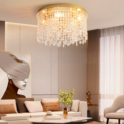 HMR - Glam Crystal Flush Mount Chandelier LED Round Ceiling Light in Gold for Living Room