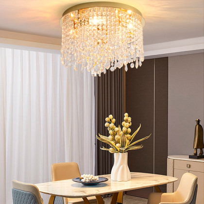 HMR - Glam Crystal Flush Mount Chandelier LED Round Ceiling Light in Gold for Living Room