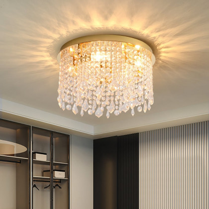 HMR - Glam Crystal Flush Mount Chandelier LED Round Ceiling Light in Gold for Living Room