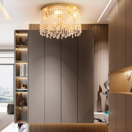 HMR - Glam Crystal Flush Mount Chandelier LED Round Ceiling Light in Gold for Living Room