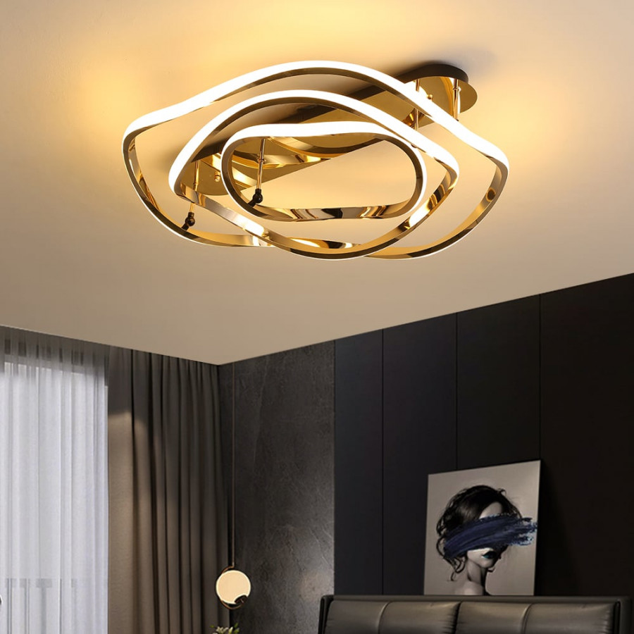 HMR - Modern Gold LED Geometric Semi Flush Mount Light Wavy Design Metal