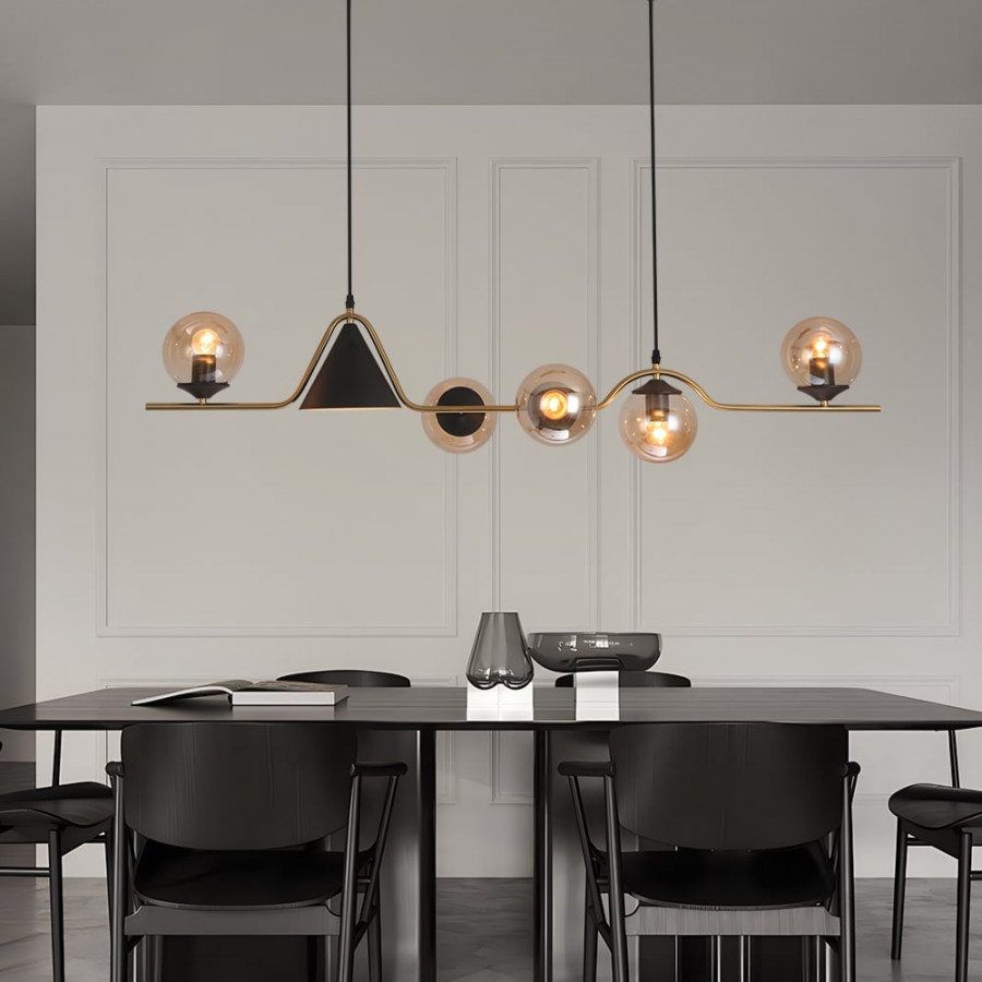 HMR - 6-Light Gold & Black Geometric Rectangular Kitchen Island Light Globe Ceiling Light
