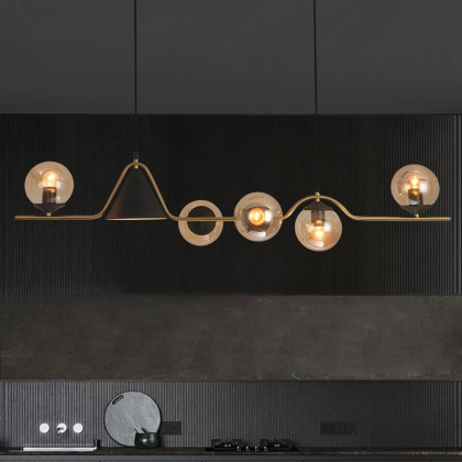 HMR - 6-Light Gold & Black Geometric Rectangular Kitchen Island Light Globe Ceiling Light