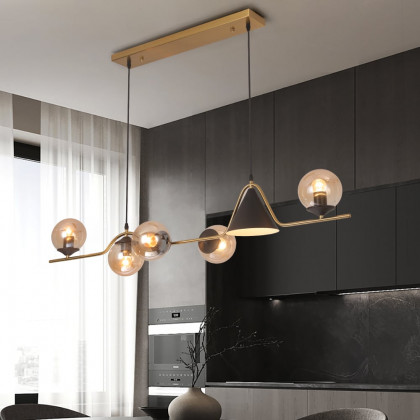 HMR - 6-Light Gold & Black Geometric Rectangular Kitchen Island Light Globe Ceiling Light