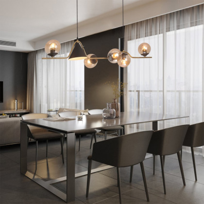 HMR - 6-Light Gold & Black Geometric Rectangular Kitchen Island Light Globe Ceiling Light