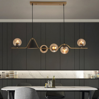 HMR - 6-Light Gold & Black Geometric Rectangular Kitchen Island Light Globe Ceiling Light