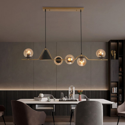 HMR - 6-Light Gold & Black Geometric Rectangular Kitchen Island Light Globe Ceiling Light