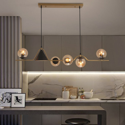 HMR - 6-Light Gold & Black Geometric Rectangular Kitchen Island Light Globe Ceiling Light