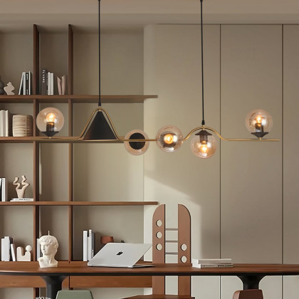 HMR - 6-Light Gold & Black Geometric Rectangular Kitchen Island Light Globe Ceiling Light